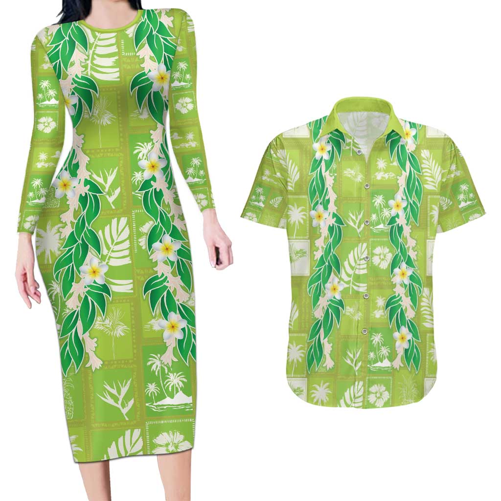 Aloha Hawaii Tuberose Lei Couples Matching Long Sleeve Bodycon Dress and Hawaiian Shirt Tropical Vibes Green Color - Polynesian Pride
