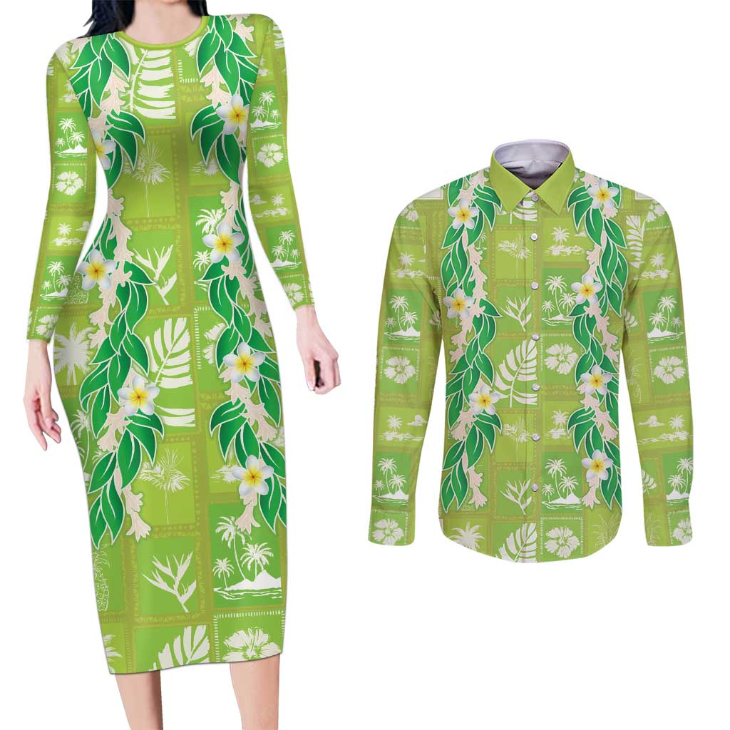 Aloha Hawaii Tuberose Lei Couples Matching Long Sleeve Bodycon Dress and Long Sleeve Button Shirt Tropical Vibes Green Color - Polynesian Pride