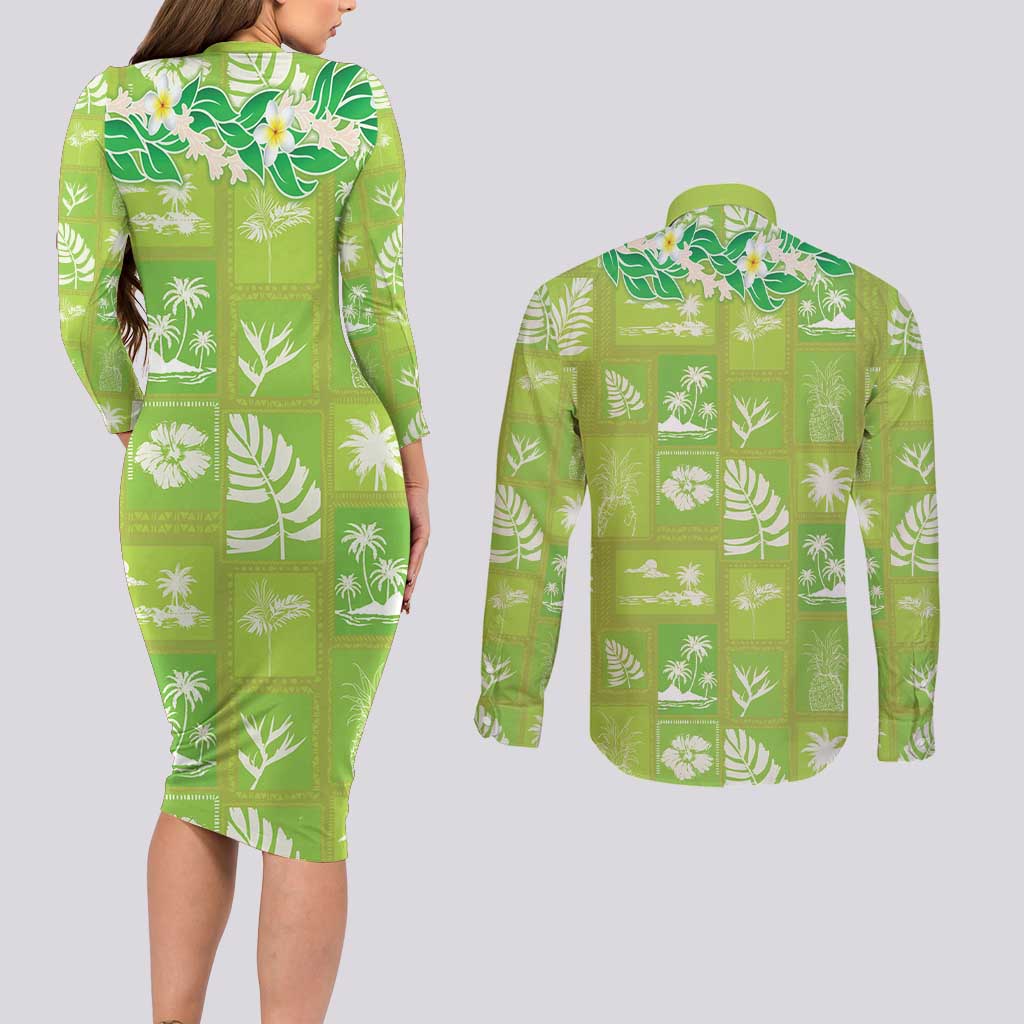 Aloha Hawaii Tuberose Lei Couples Matching Long Sleeve Bodycon Dress and Long Sleeve Button Shirt Tropical Vibes Green Color - Polynesian Pride