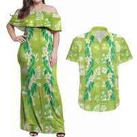 Aloha Hawaii Tuberose Lei Couples Matching Off Shoulder Maxi Dress and Hawaiian Shirt Tropical Vibes Green Color - Polynesian Pride