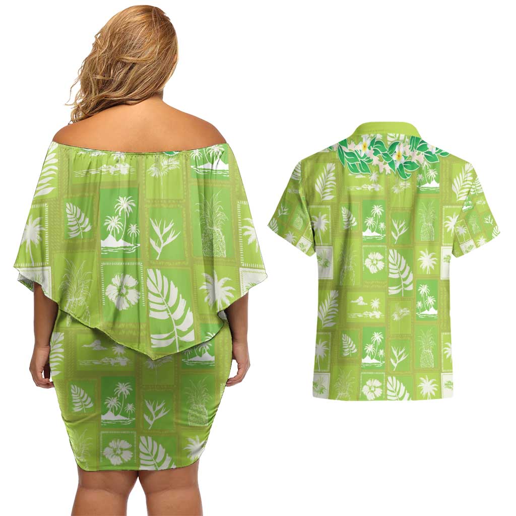 Aloha Hawaii Tuberose Lei Couples Matching Off Shoulder Short Dress and Hawaiian Shirt Tropical Vibes Green Color - Polynesian Pride