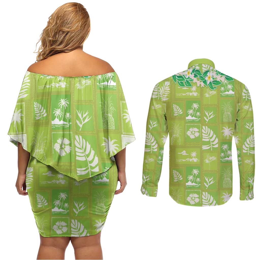 Aloha Hawaii Tuberose Lei Couples Matching Off Shoulder Short Dress and Long Sleeve Button Shirt Tropical Vibes Green Color - Polynesian Pride