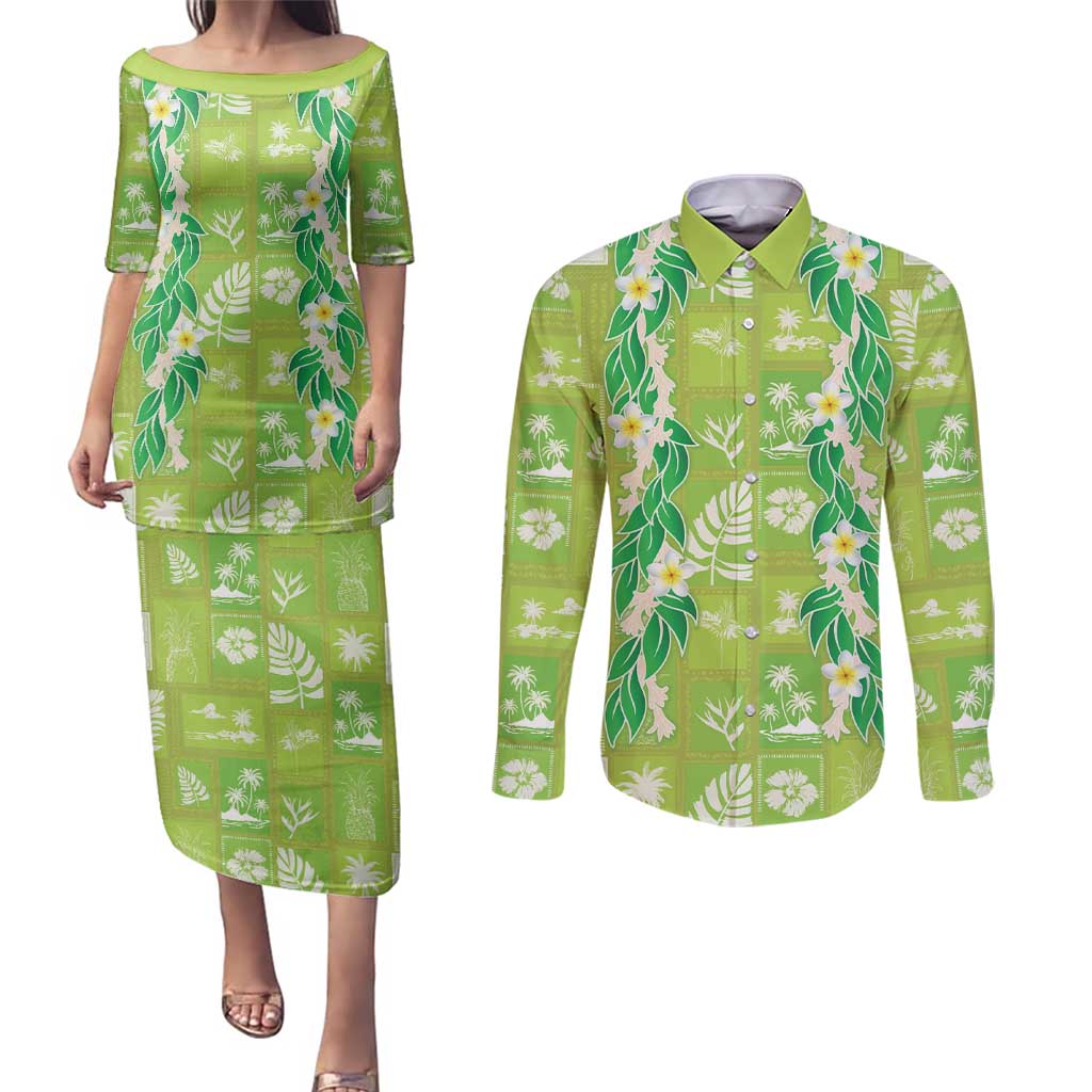 Aloha Hawaii Tuberose Lei Couples Matching Puletasi and Long Sleeve Button Shirt Tropical Vibes Green Color - Polynesian Pride