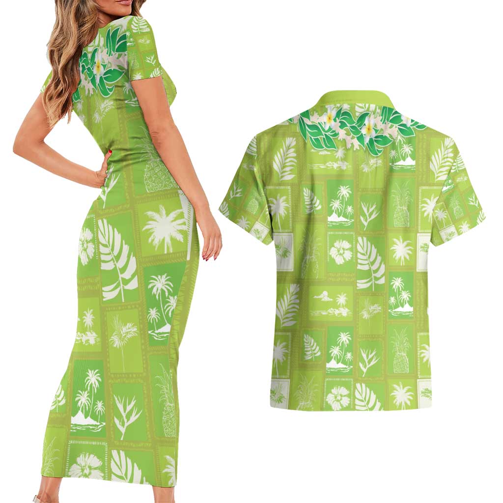 Aloha Hawaii Tuberose Lei Couples Matching Short Sleeve Bodycon Dress and Hawaiian Shirt Tropical Vibes Green Color - Polynesian Pride