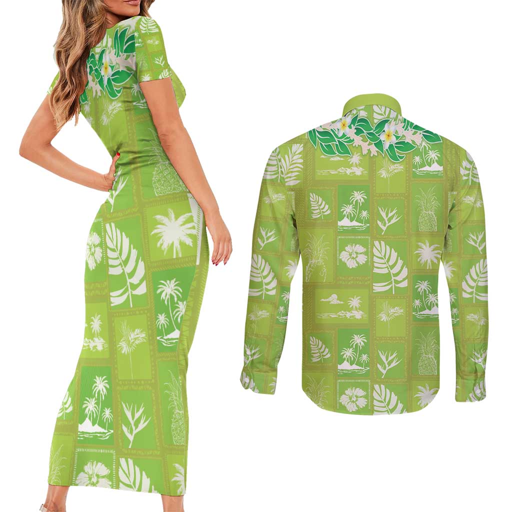 Aloha Hawaii Tuberose Lei Couples Matching Short Sleeve Bodycon Dress and Long Sleeve Button Shirt Tropical Vibes Green Color - Polynesian Pride