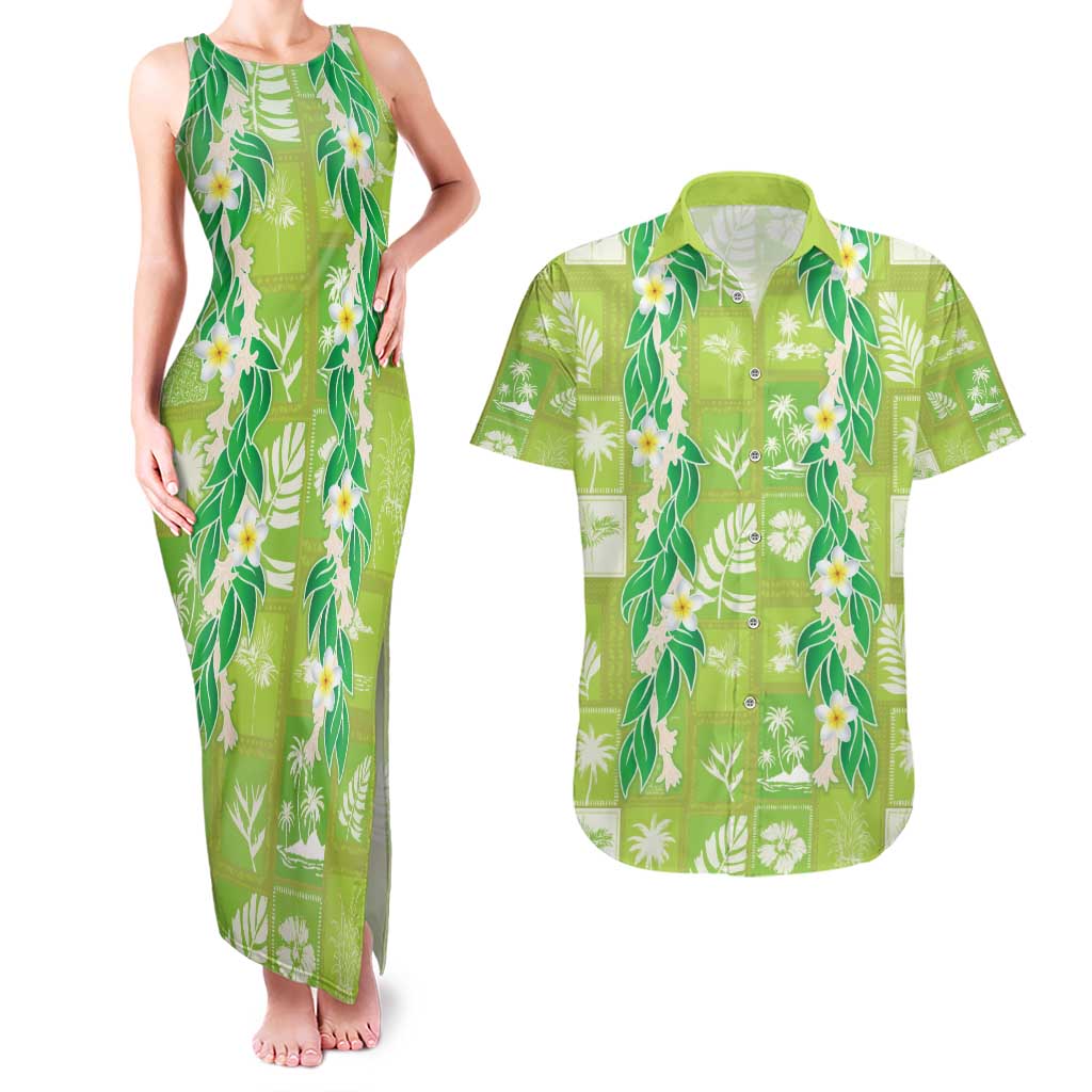 Aloha Hawaii Tuberose Lei Couples Matching Tank Maxi Dress and Hawaiian Shirt Tropical Vibes Green Color - Polynesian Pride