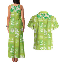 Aloha Hawaii Tuberose Lei Couples Matching Tank Maxi Dress and Hawaiian Shirt Tropical Vibes Green Color - Polynesian Pride