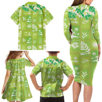 Aloha Hawaii Tuberose Lei Family Matching Long Sleeve Bodycon Dress and Hawaiian Shirt Tropical Vibes Green Color - Polynesian Pride