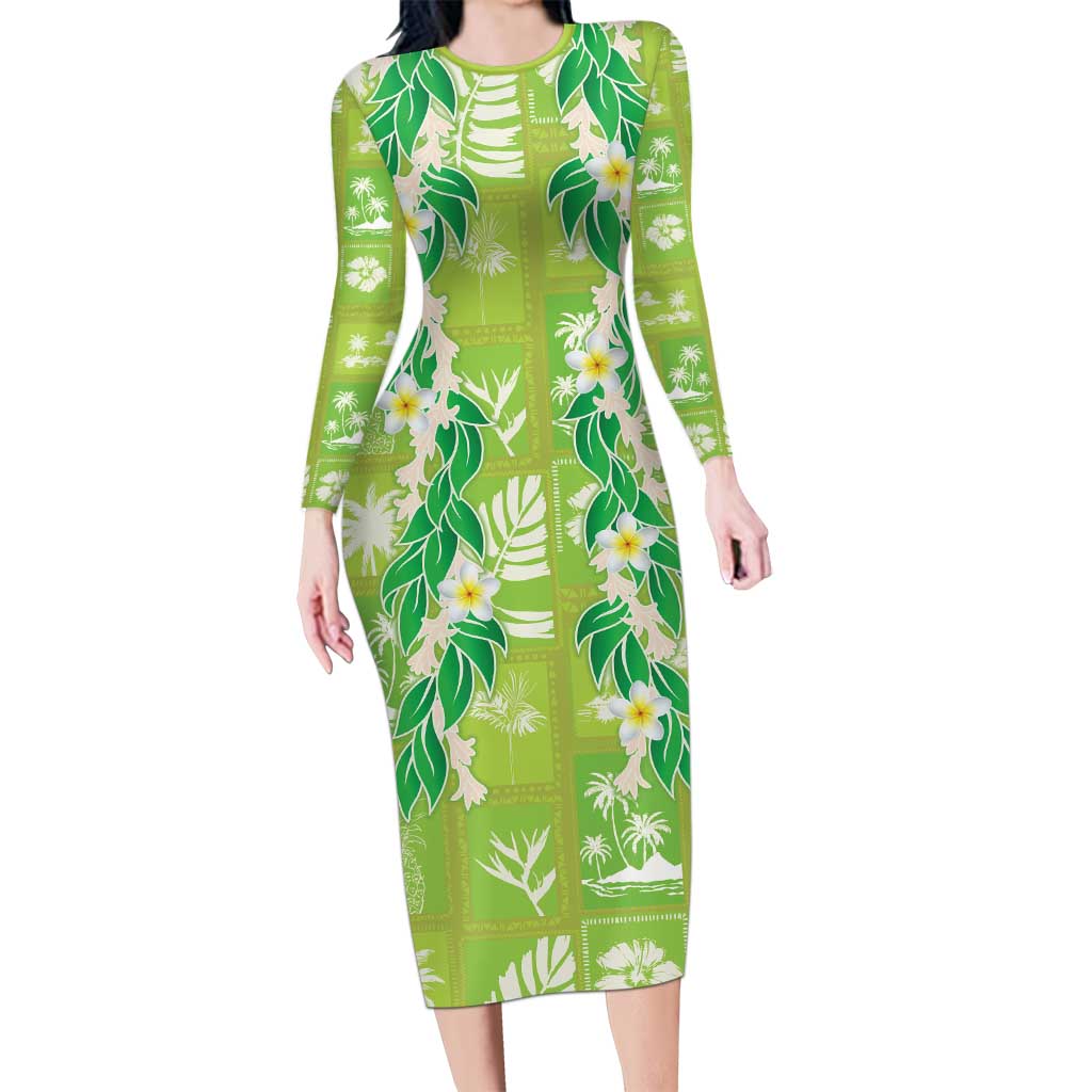 Aloha Hawaii Tuberose Lei Family Matching Long Sleeve Bodycon Dress and Hawaiian Shirt Tropical Vibes Green Color - Polynesian Pride