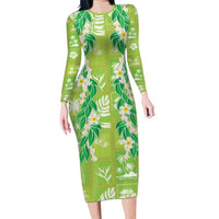 Aloha Hawaii Tuberose Lei Family Matching Long Sleeve Bodycon Dress and Hawaiian Shirt Tropical Vibes Green Color - Polynesian Pride