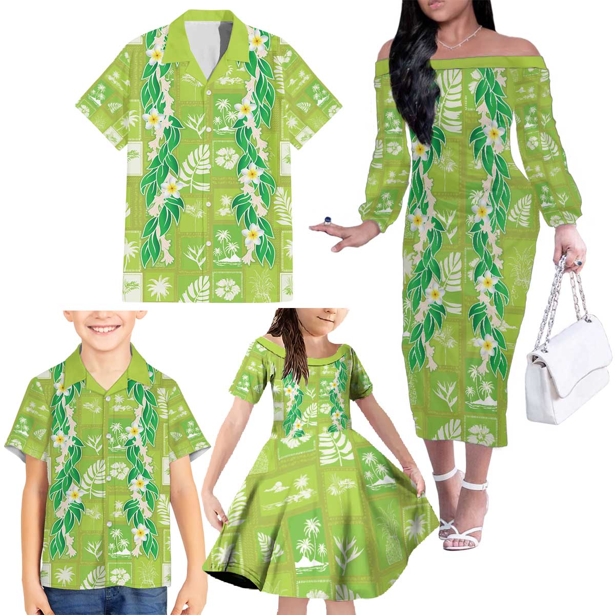 Aloha Hawaii Tuberose Lei Family Matching Off The Shoulder Long Sleeve Dress and Hawaiian Shirt Tropical Vibes Green Color - Polynesian Pride