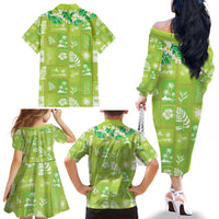 Aloha Hawaii Tuberose Lei Family Matching Off The Shoulder Long Sleeve Dress and Hawaiian Shirt Tropical Vibes Green Color - Polynesian Pride
