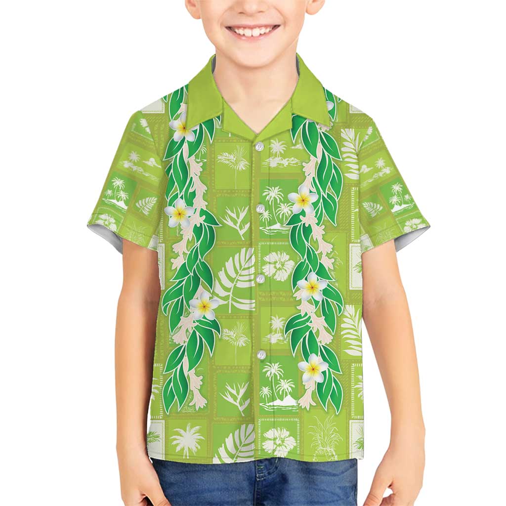 Aloha Hawaii Tuberose Lei Family Matching Off Shoulder Short Dress and Hawaiian Shirt Tropical Vibes Green Color - Polynesian Pride