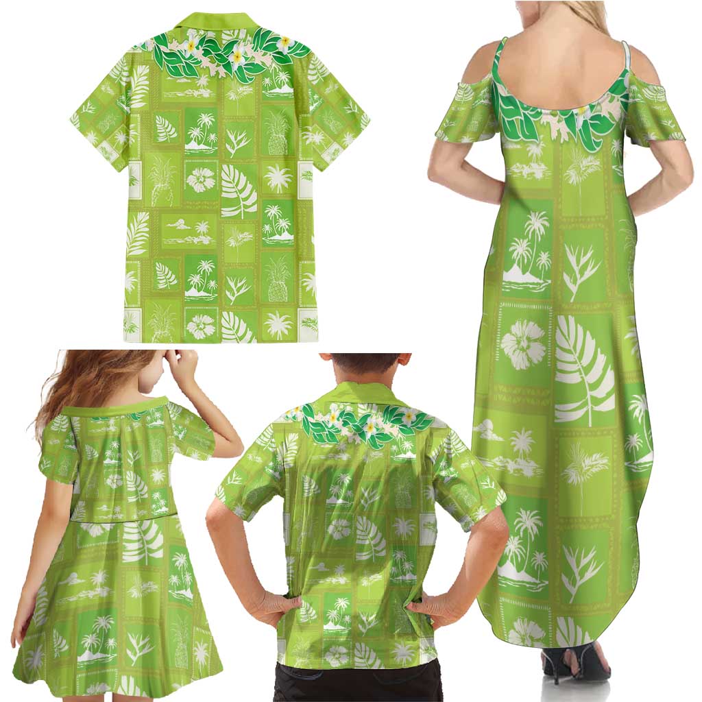 Aloha Hawaii Tuberose Lei Family Matching Summer Maxi Dress and Hawaiian Shirt Tropical Vibes Green Color - Polynesian Pride