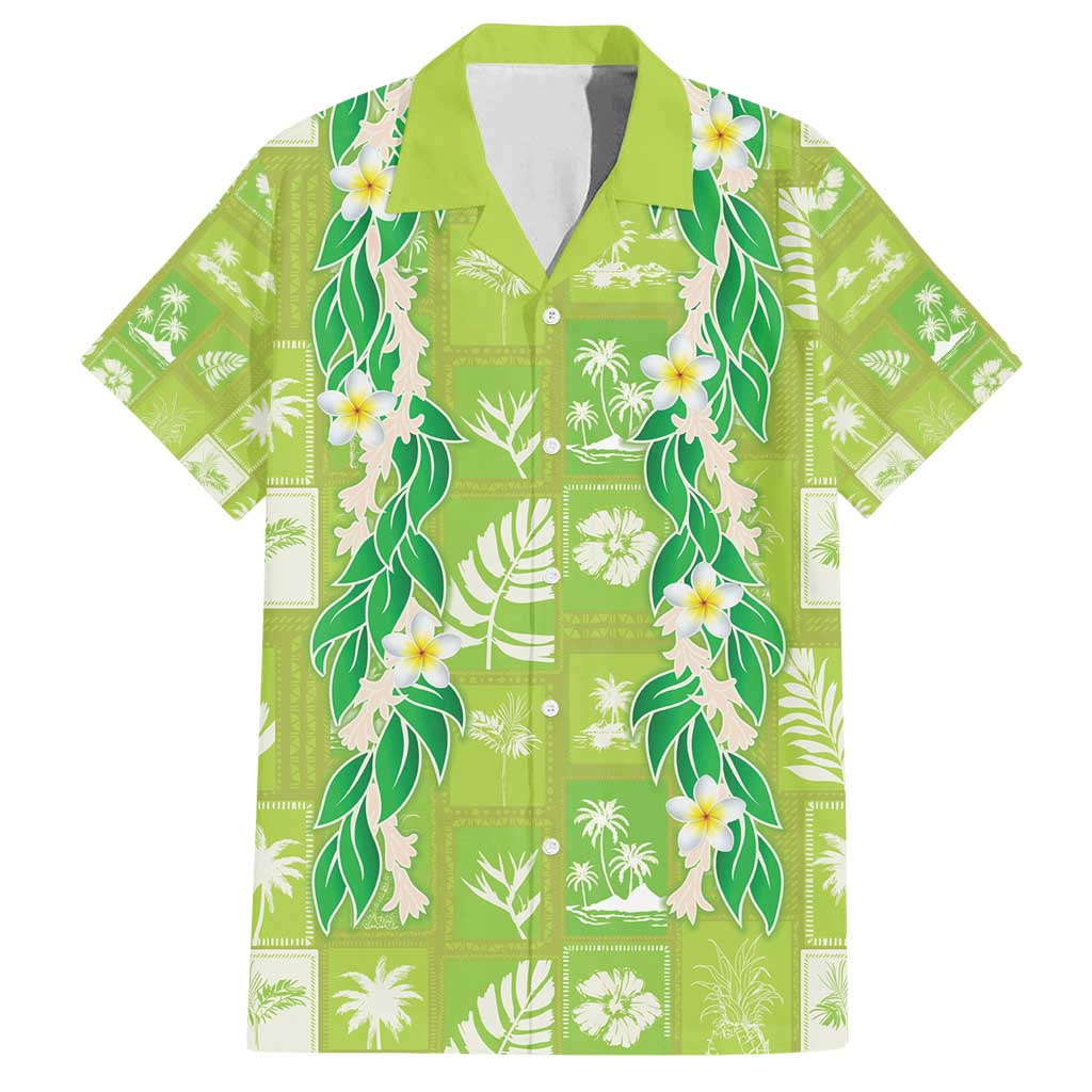 Aloha Hawaii Tuberose Lei Family Matching Tank Maxi Dress and Hawaiian Shirt Tropical Vibes Green Color - Polynesian Pride