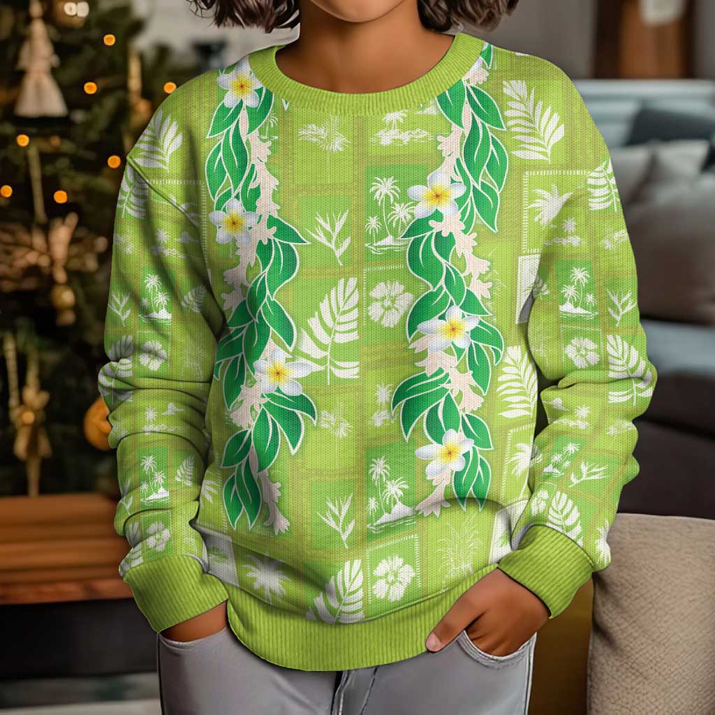 Aloha Hawaii Tuberose Lei Kid Ugly Christmas Sweater Tropical Vibes Green Color - Polynesian Pride