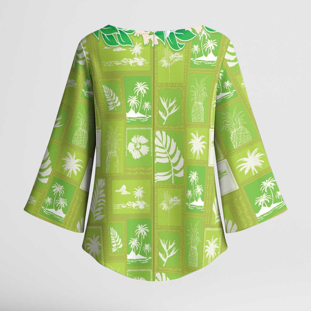 Aloha Hawaii Tuberose Lei Kimono Sleeve Blouse Tropical Vibes Green Color - Polynesian Pride