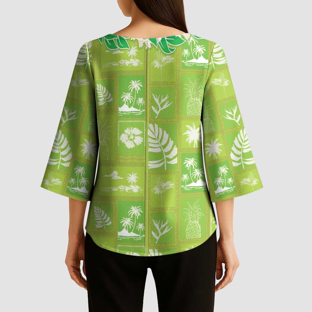 Aloha Hawaii Tuberose Lei Kimono Sleeve Blouse Tropical Vibes Green Color - Polynesian Pride
