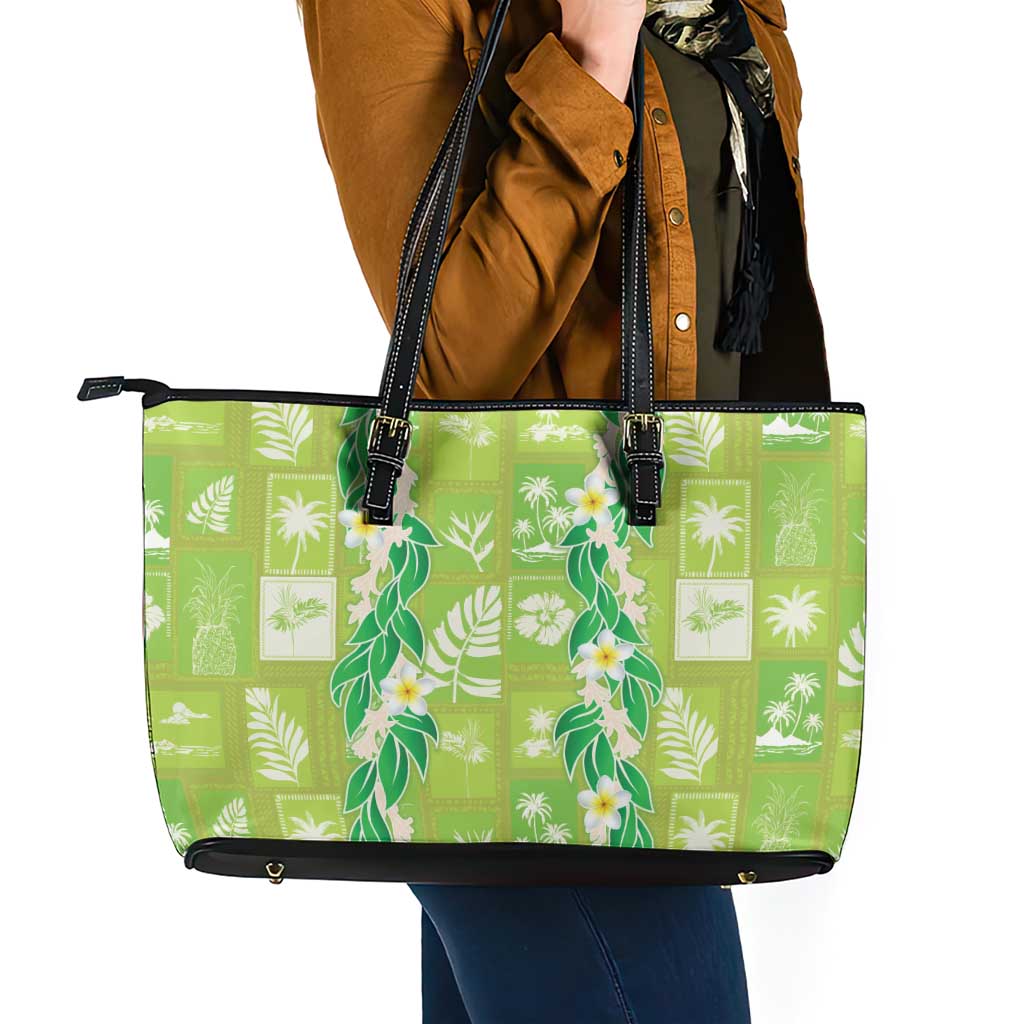 Aloha Hawaii Tuberose Lei Leather Tote Bag Tropical Vibes Green Color - Polynesian Pride