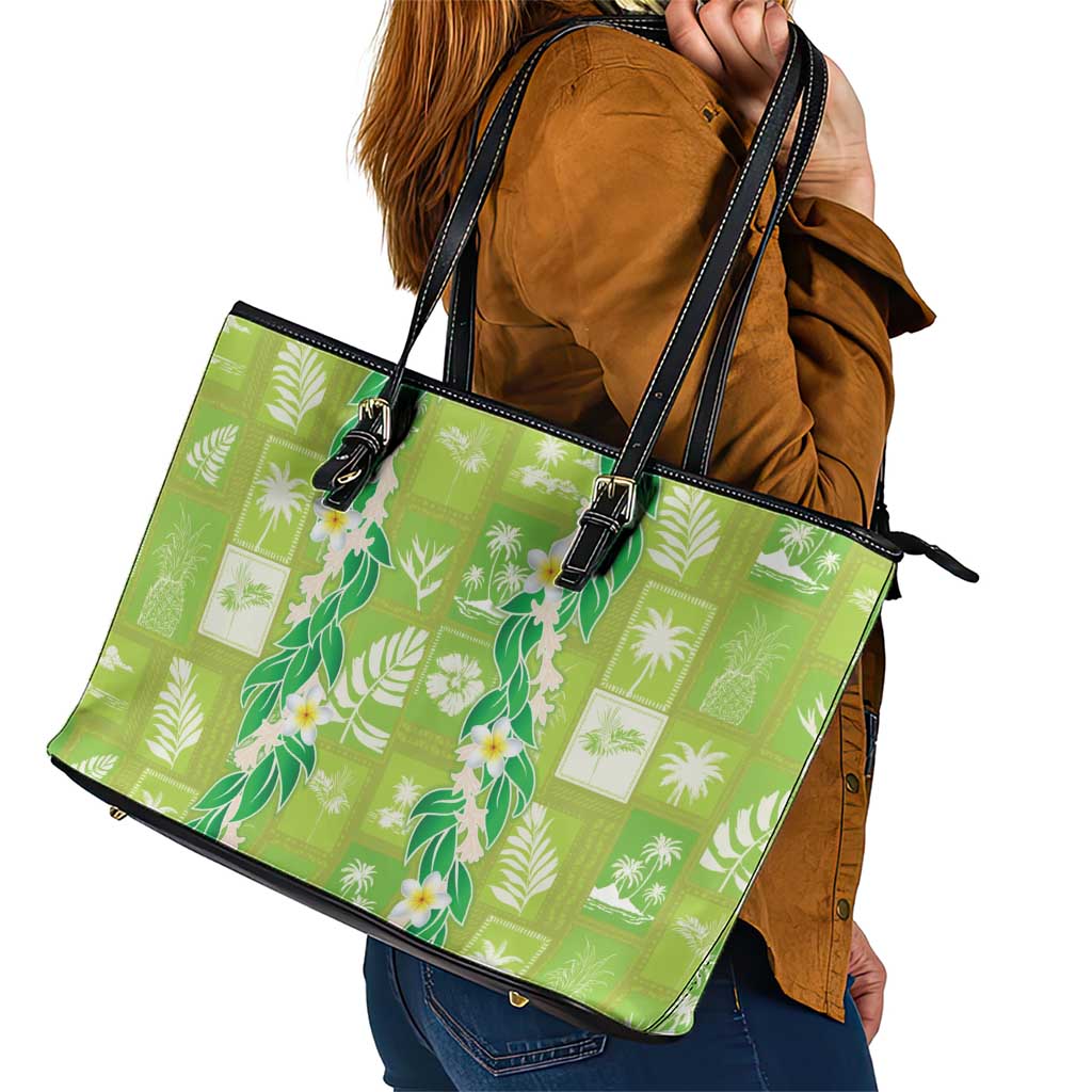 Aloha Hawaii Tuberose Lei Leather Tote Bag Tropical Vibes Green Color - Polynesian Pride