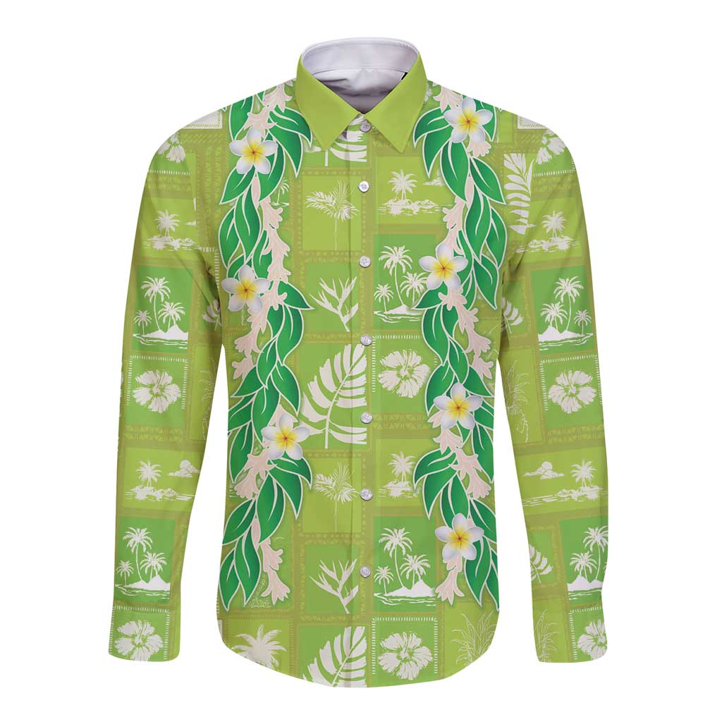 Aloha Hawaii Tuberose Lei Long Sleeve Button Shirt Tropical Vibes Green Color - Polynesian Pride