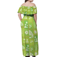 Aloha Hawaii Tuberose Lei Off Shoulder Maxi Dress Tropical Vibes Green Color - Polynesian Pride