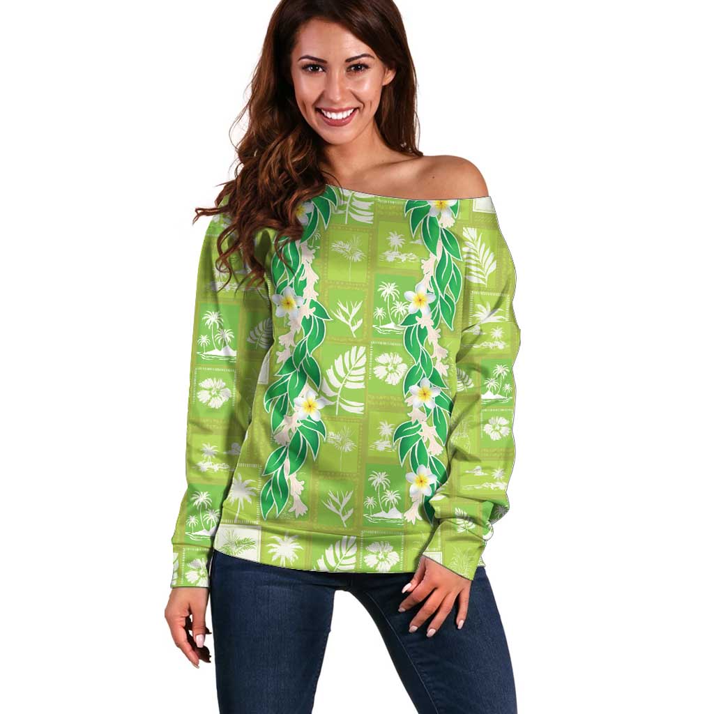 Aloha Hawaii Tuberose Lei Off Shoulder Sweater Tropical Vibes Green Color - Polynesian Pride