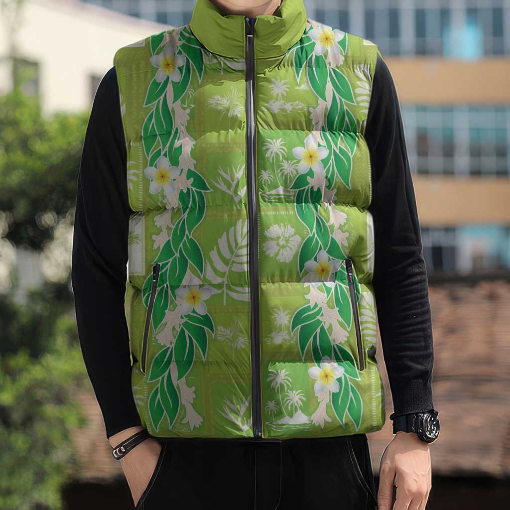 Aloha Hawaii Tuberose Lei Sleeveless Puffer Jacket Tropical Vibes Green Color - Polynesian Pride