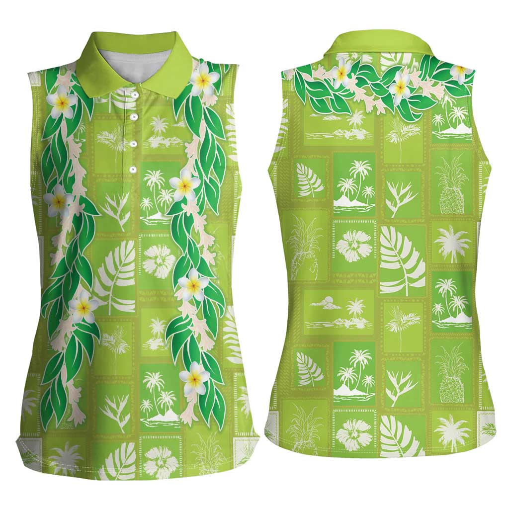 Aloha Hawaii Tuberose Lei Women Sleeveless Polo Shirt Tropical Vibes Green Color - Polynesian Pride