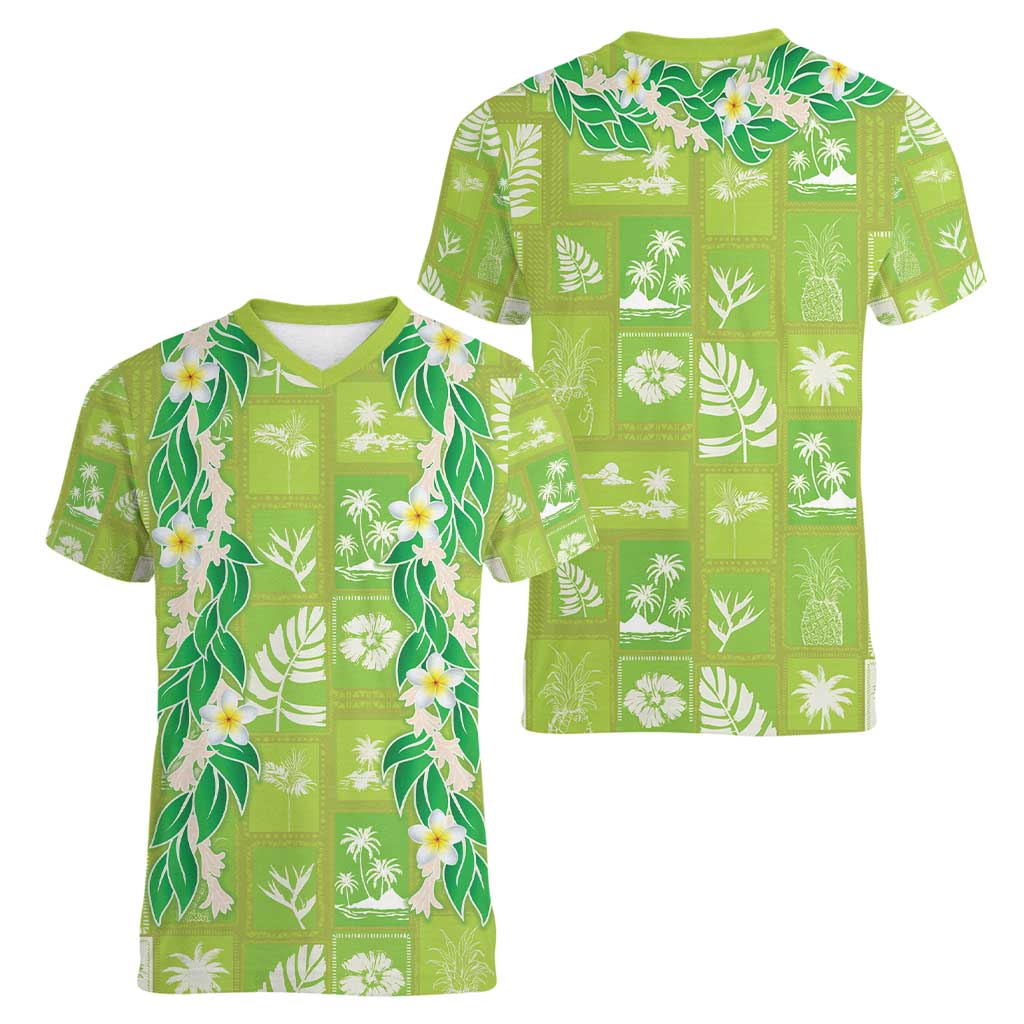 Aloha Hawaii Tuberose Lei Women V-Neck T-Shirt Tropical Vibes Green Color - Polynesian Pride