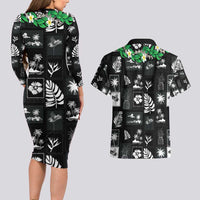 Aloha Hawaii Tuberose Lei Couples Matching Long Sleeve Bodycon Dress and Hawaiian Shirt Tropical Vibes Black Color - Polynesian Pride