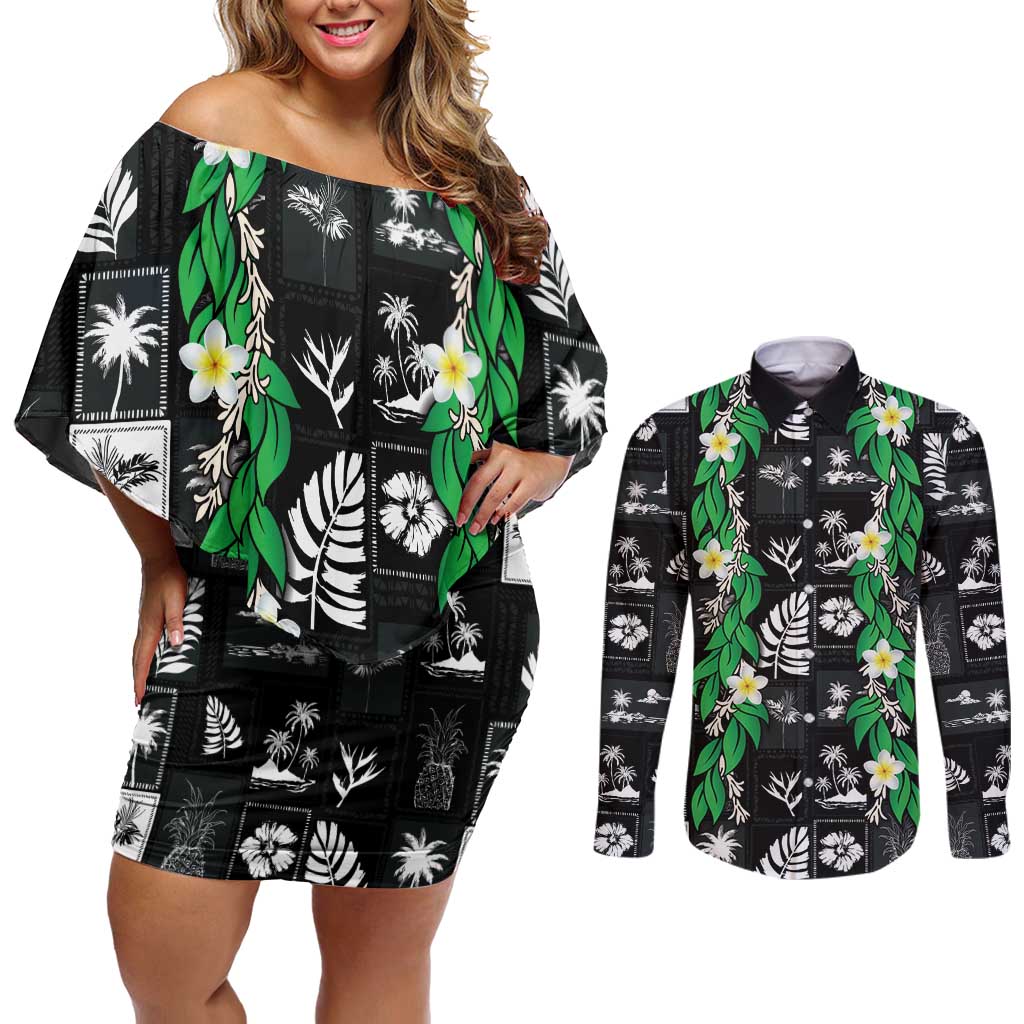 Aloha Hawaii Tuberose Lei Couples Matching Off Shoulder Short Dress and Long Sleeve Button Shirt Tropical Vibes Black Color - Polynesian Pride