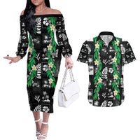 Aloha Hawaii Tuberose Lei Couples Matching Off The Shoulder Long Sleeve Dress and Hawaiian Shirt Tropical Vibes Black Color - Polynesian Pride