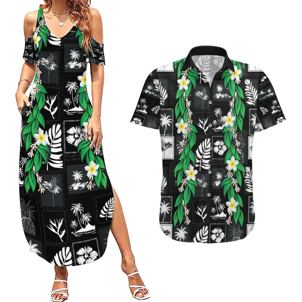 Aloha Hawaii Tuberose Lei Couples Matching Summer Maxi Dress and Hawaiian Shirt Tropical Vibes Black Color - Polynesian Pride