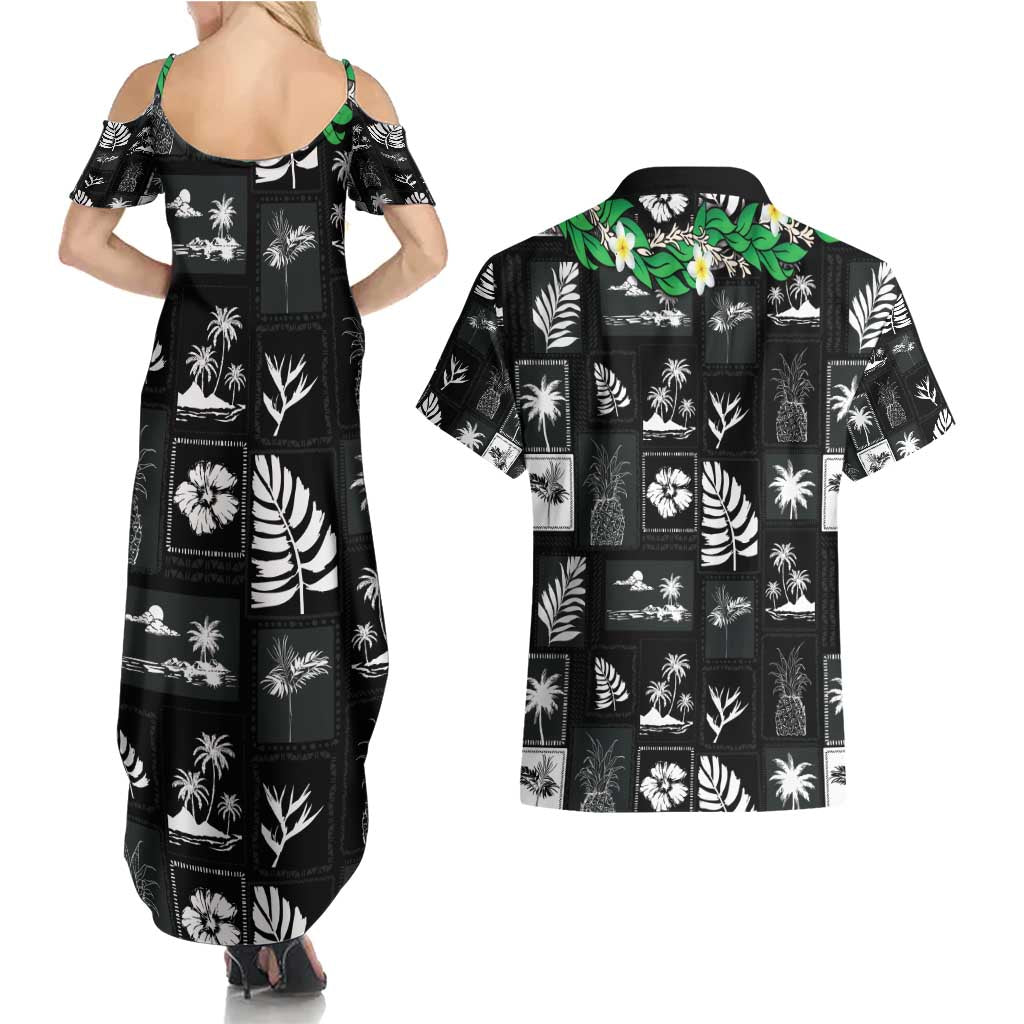 Aloha Hawaii Tuberose Lei Couples Matching Summer Maxi Dress and Hawaiian Shirt Tropical Vibes Black Color - Polynesian Pride