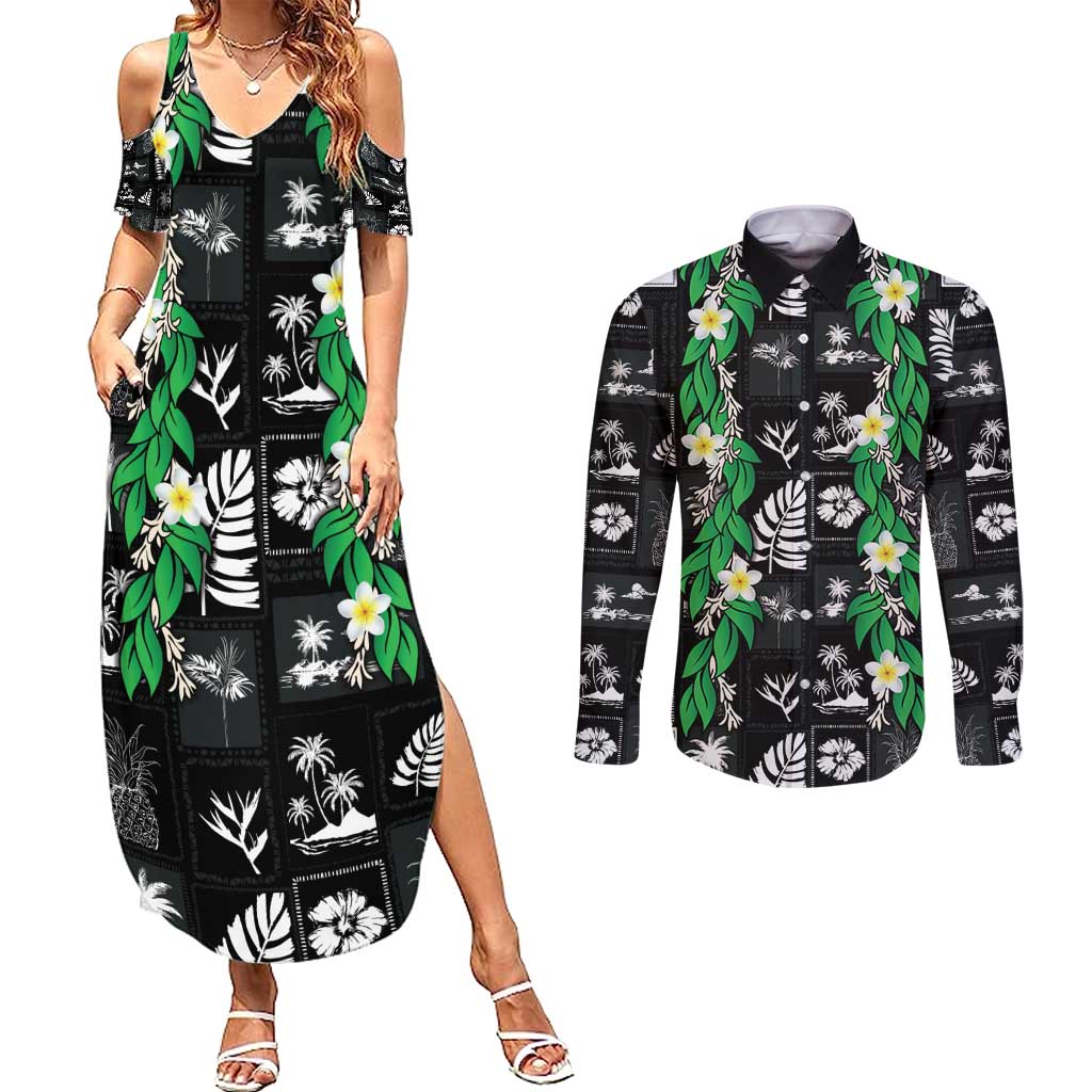 Aloha Hawaii Tuberose Lei Couples Matching Summer Maxi Dress and Long Sleeve Button Shirt Tropical Vibes Black Color - Polynesian Pride
