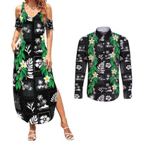 Aloha Hawaii Tuberose Lei Couples Matching Summer Maxi Dress and Long Sleeve Button Shirt Tropical Vibes Black Color - Polynesian Pride