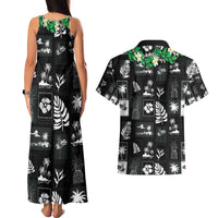 Aloha Hawaii Tuberose Lei Couples Matching Tank Maxi Dress and Hawaiian Shirt Tropical Vibes Black Color - Polynesian Pride