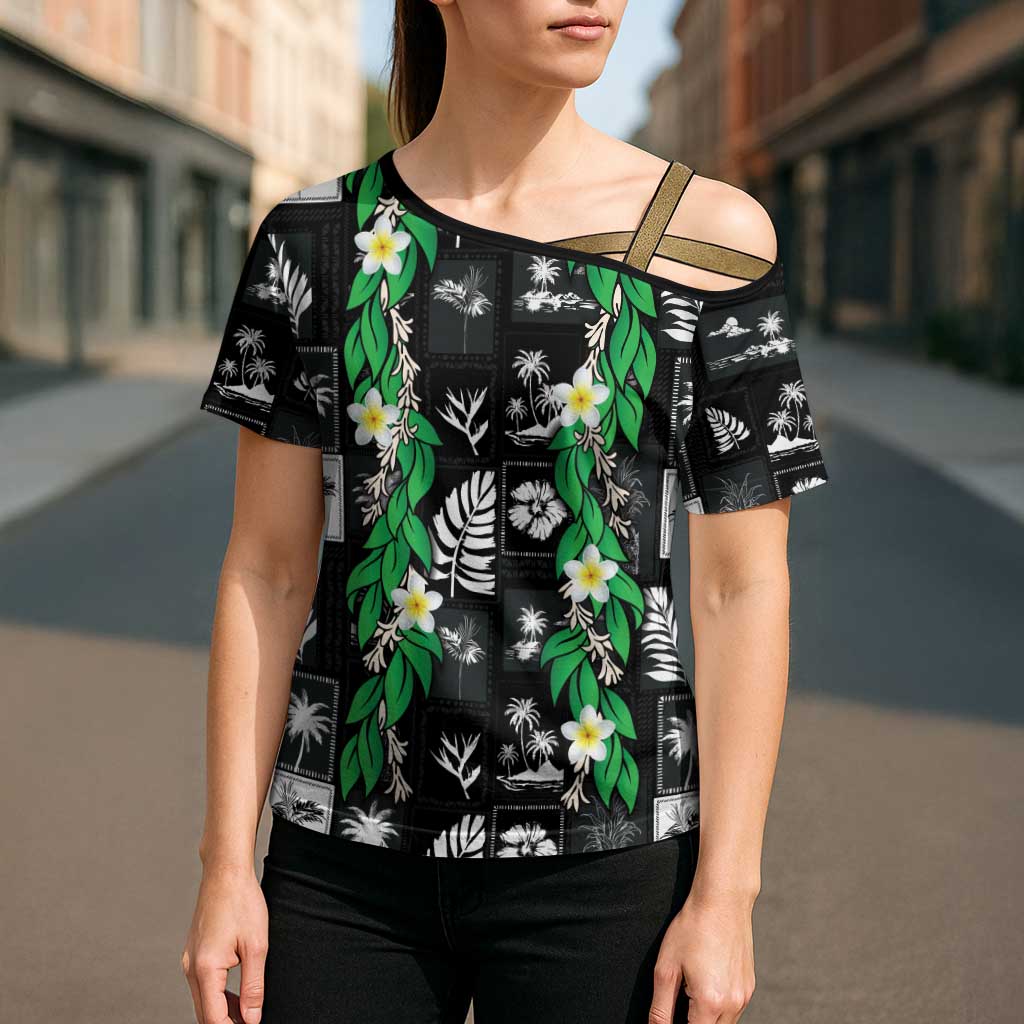 Aloha Hawaii Tuberose Lei Cross Shoulder Shirt Tropical Vibes Black Color - Polynesian Pride