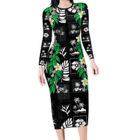 Aloha Hawaii Tuberose Lei Family Matching Long Sleeve Bodycon Dress and Hawaiian Shirt Tropical Vibes Black Color - Polynesian Pride