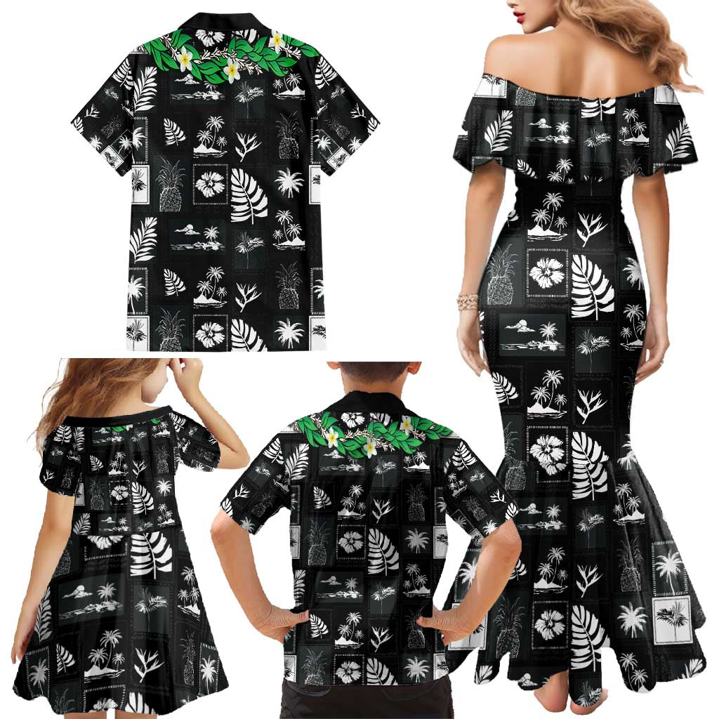 Aloha Hawaii Tuberose Lei Family Matching Mermaid Dress and Hawaiian Shirt Tropical Vibes Black Color - Polynesian Pride