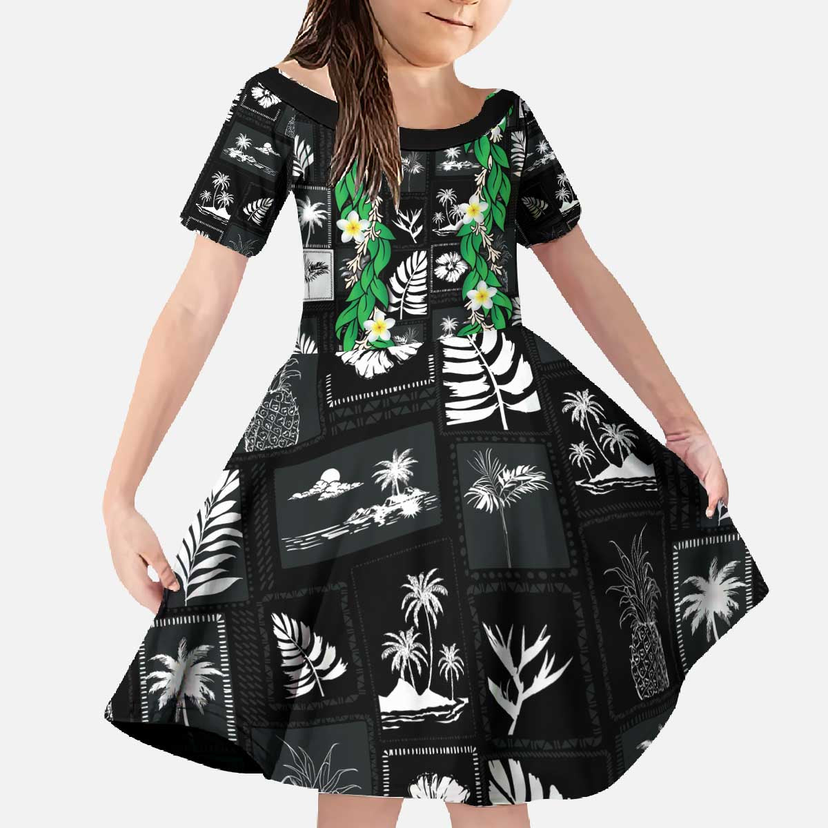 Aloha Hawaii Tuberose Lei Family Matching Off The Shoulder Long Sleeve Dress and Hawaiian Shirt Tropical Vibes Black Color - Polynesian Pride