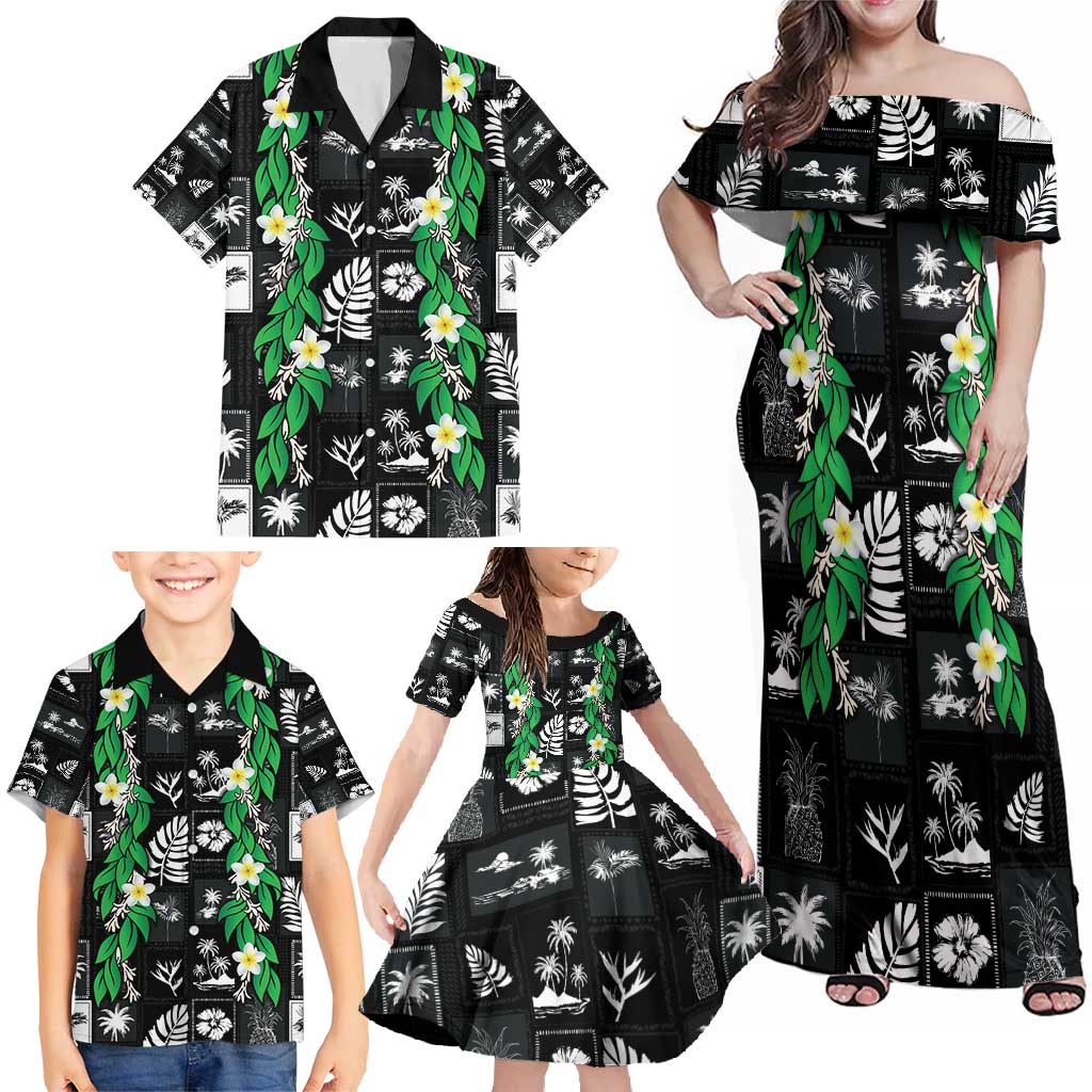 Aloha Hawaii Tuberose Lei Family Matching Off Shoulder Maxi Dress and Hawaiian Shirt Tropical Vibes Black Color - Polynesian Pride