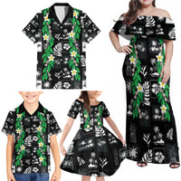 Aloha Hawaii Tuberose Lei Family Matching Off Shoulder Maxi Dress and Hawaiian Shirt Tropical Vibes Black Color - Polynesian Pride