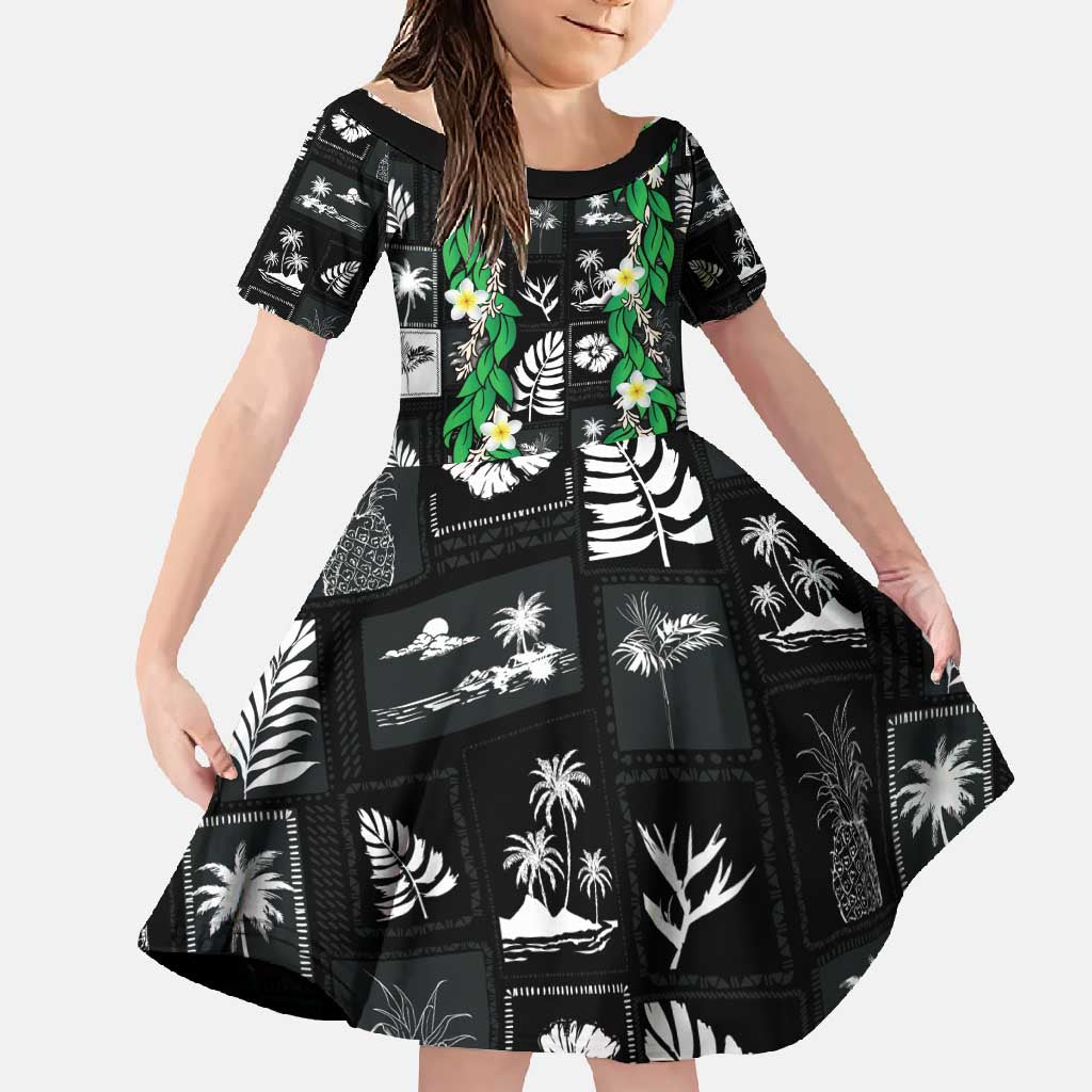 Aloha Hawaii Tuberose Lei Family Matching Summer Maxi Dress and Hawaiian Shirt Tropical Vibes Black Color - Polynesian Pride