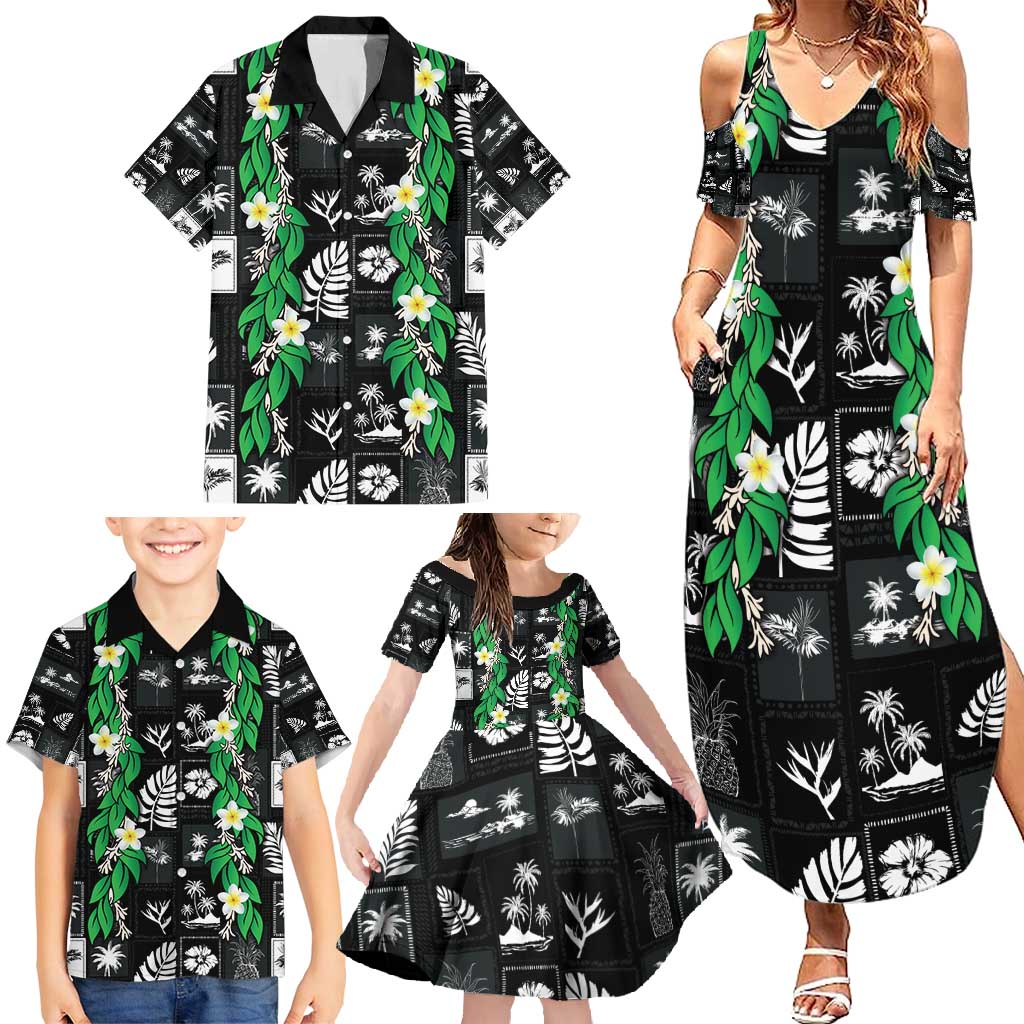 Aloha Hawaii Tuberose Lei Family Matching Summer Maxi Dress and Hawaiian Shirt Tropical Vibes Black Color - Polynesian Pride