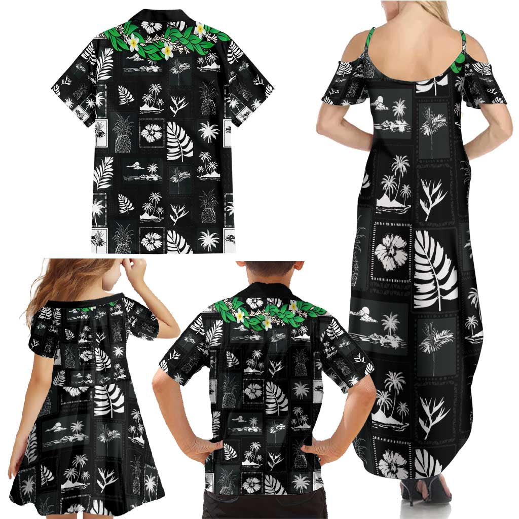 Aloha Hawaii Tuberose Lei Family Matching Summer Maxi Dress and Hawaiian Shirt Tropical Vibes Black Color - Polynesian Pride