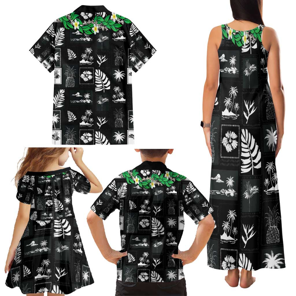 Aloha Hawaii Tuberose Lei Family Matching Tank Maxi Dress and Hawaiian Shirt Tropical Vibes Black Color - Polynesian Pride