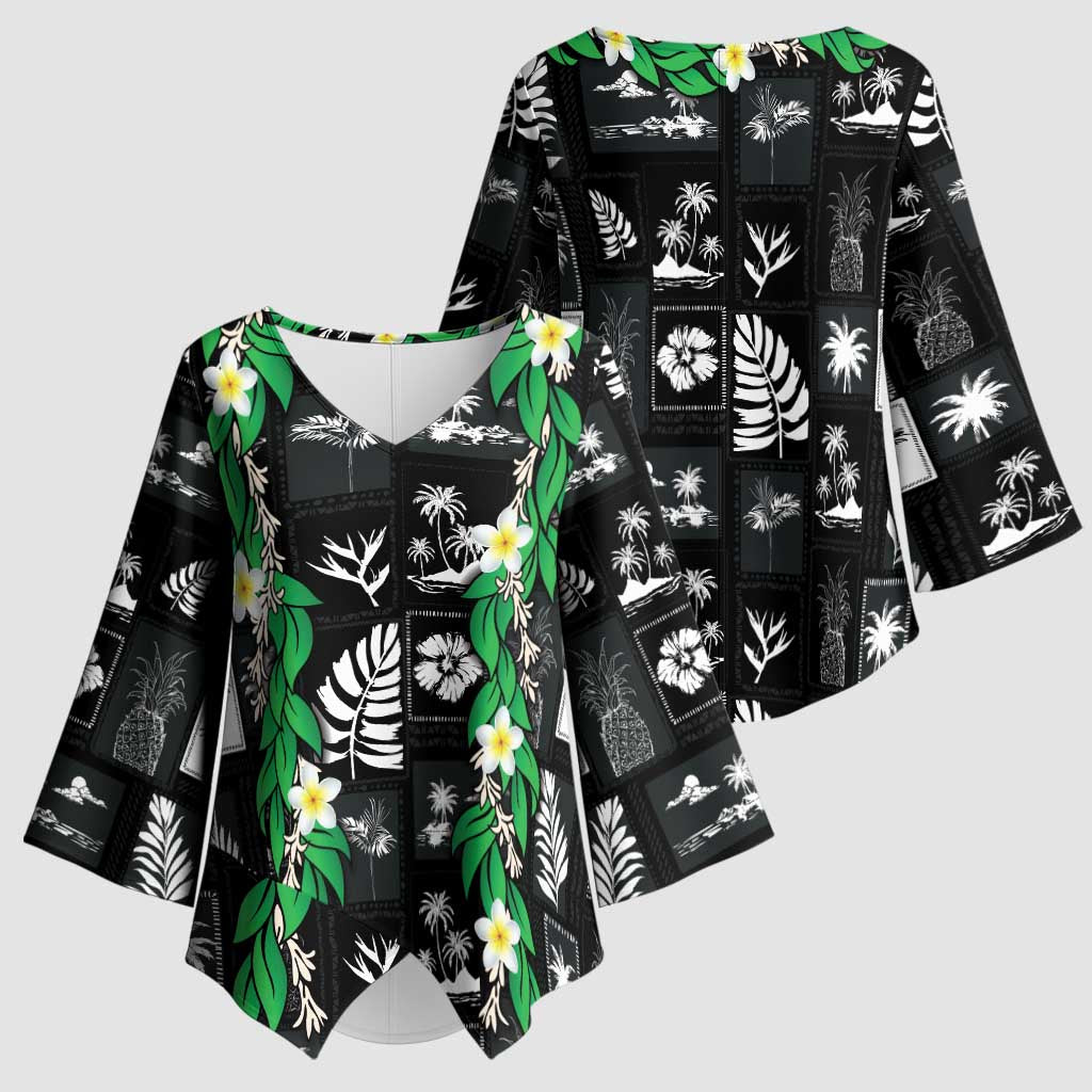 Aloha Hawaii Tuberose Lei Kimono Sleeve Blouse Tropical Vibes Black Color - Polynesian Pride