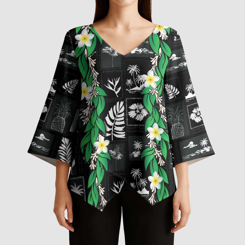 Aloha Hawaii Tuberose Lei Kimono Sleeve Blouse Tropical Vibes Black Color - Polynesian Pride